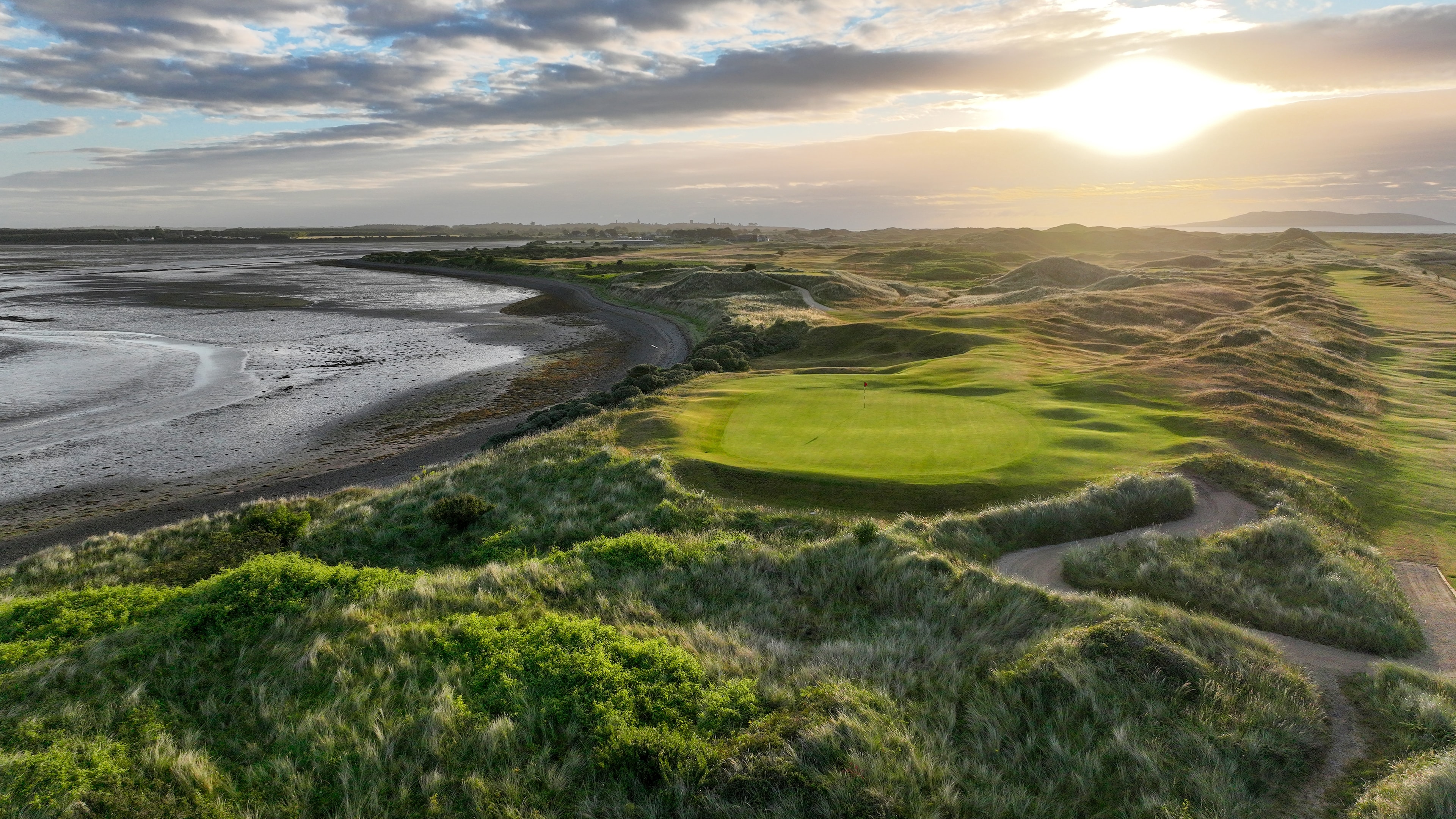 A green at The Island Golf Club with views across Dublin Bay