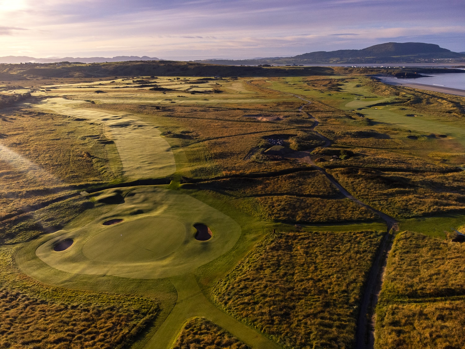 Aerial view of County Sligo Golf Club at Rosses Point with Sligo Bay beyond